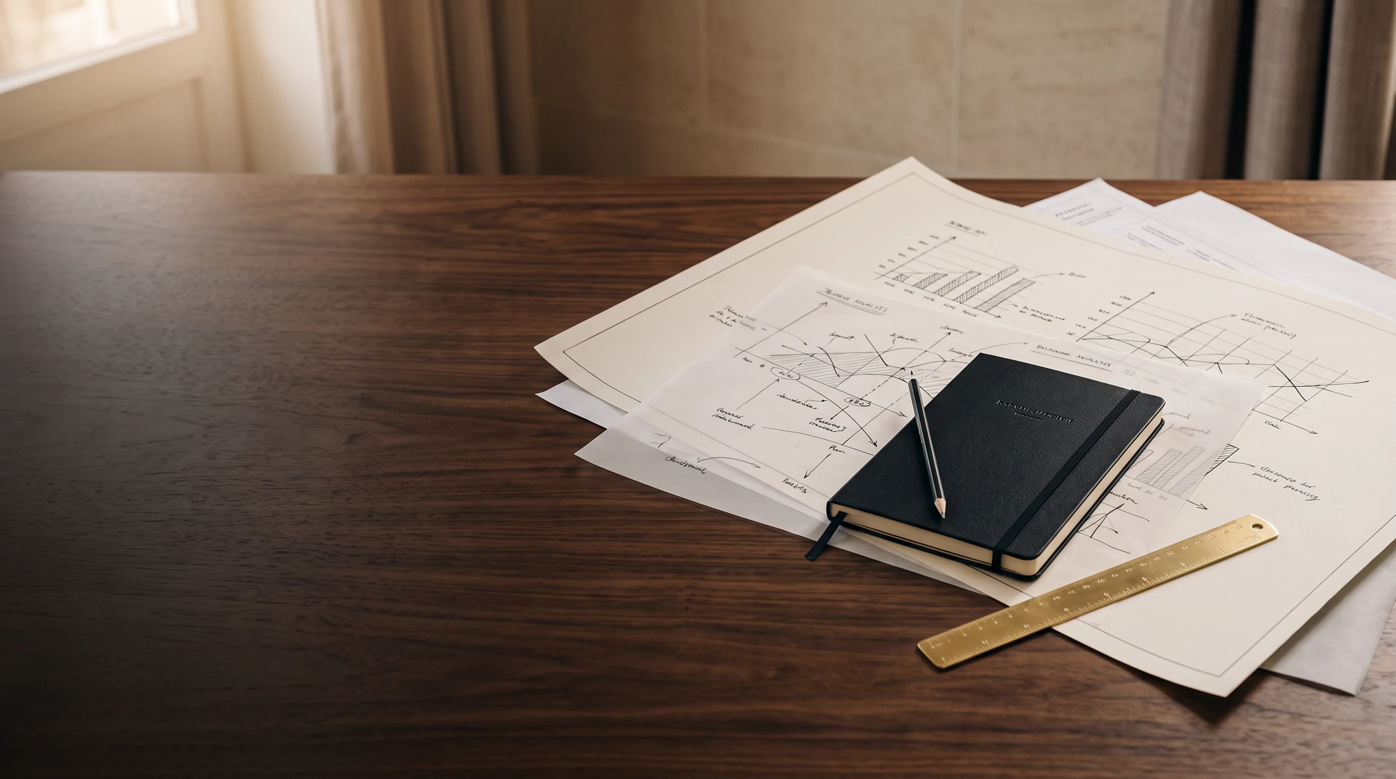 Strategische Analyseunterlagen mit Diagrammen, Notizbuch, Bleistift und Messlineal auf einem Holztisch