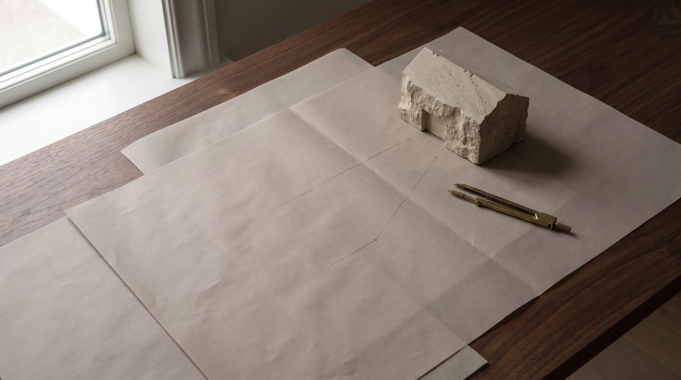 Reduziertes Architekturmodell mit Planungsunterlagen und Messzirkel
